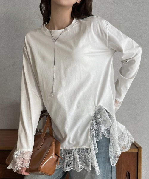 Eclat one(エクラワン)の「【Eclat one】レースレイヤード 長袖カットソー(Tシャツ/カットソー・レディース・ブラック/ホワイト・FREE)」の3枚目の写真