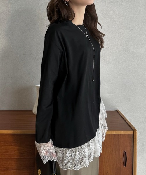 Eclat one(エクラワン)の「【Eclat one】レースレイヤード 長袖カットソー(Tシャツ/カットソー・レディース・ブラック/ホワイト・FREE)」の10枚目の写真