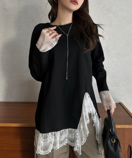 Eclat one(エクラワン)の「【Eclat one】レースレイヤード 長袖カットソー(Tシャツ/カットソー・レディース・ブラック/ホワイト・FREE)」の8枚目の写真