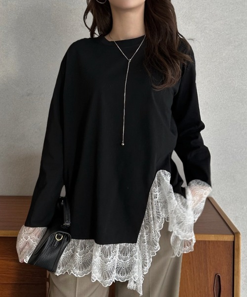 Eclat one(エクラワン)の「【Eclat one】レースレイヤード 長袖カットソー(Tシャツ/カットソー・レディース・ブラック/ホワイト・FREE)」の11枚目の写真