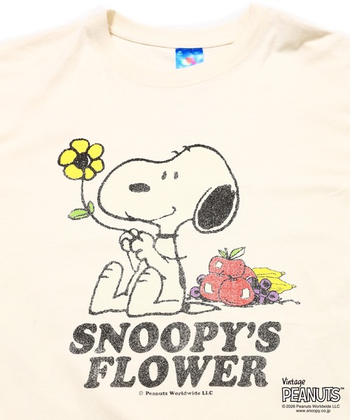 FRUIT OF THE LOOM(フルーツオブザルーム)の「FTL x PEANUTS 19/-スラブ天竺1 / ピーナッツ コラボ 半袖Tシャツ / SNOOPY'S FLOWER(Tシャツ/カットソー・メンズ・アイボリー/サックスブルー・S/M/L)」の4枚目の写真