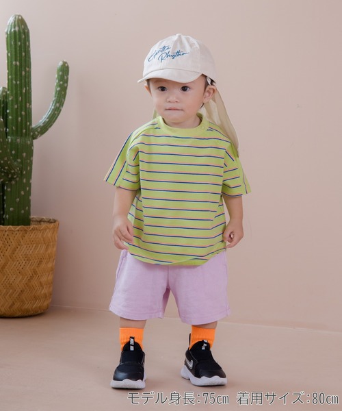 MAKE YOUR DAY（メイクユアデイ）の「無地とボーダーラウンド半袖Tシャツ■80～140cm（Tシャツ/カットソー・キッズ・サックスブルー/ブラック/オフホワイト/ブルー/ライム/イエロー・120/110/100/90/140/130/80）」の19枚目の写真