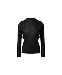 [レディース] ハーフネック長袖プリーツベーシックTシャツ (ブラック)
