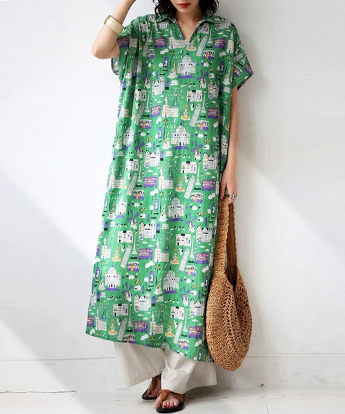 antiqua(アンティカ)の「街柄 シャツワンピース(シャツワンピース・レディース・グリーン/ブラック・ONESIZE)」の1枚目の写真