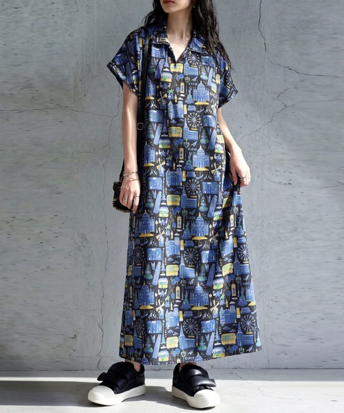 antiqua(アンティカ)の「街柄 シャツワンピース(シャツワンピース・レディース・グリーン/ブラック・ONESIZE)」の2枚目の写真