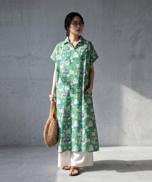 antiqua(アンティカ)の「街柄 シャツワンピース(シャツワンピース・レディース・グリーン/ブラック・ONESIZE)」の6枚目の写真