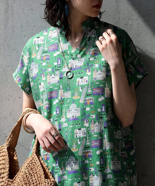 antiqua(アンティカ)の「街柄 シャツワンピース(シャツワンピース・レディース・グリーン/ブラック・ONESIZE)」の7枚目の写真