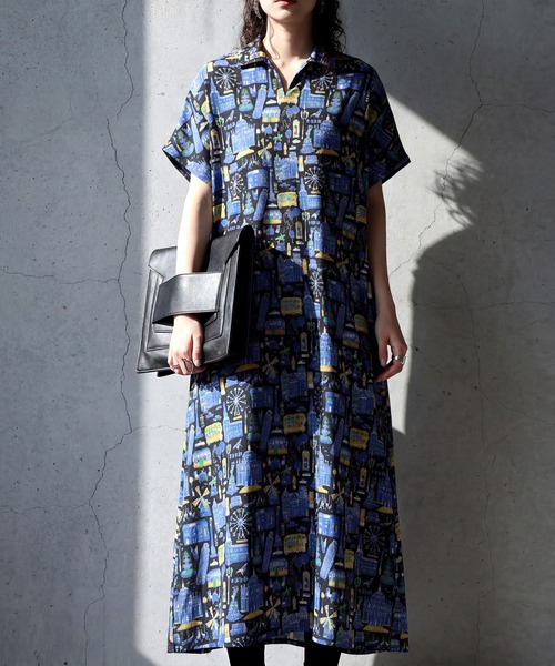 antiqua(アンティカ)の「街柄 シャツワンピース(シャツワンピース・レディース・グリーン/ブラック・ONESIZE)」の3枚目の写真