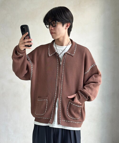 CPCM（シーピーシーエム）の「配色ステッチニットジップカーデ（カーディガン/ボレロ・メンズ・ネイビー/ブラウン/グリーン系/アイボリー・MEDIUM/LARGE）」の3枚目の写真