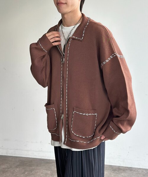 CPCM（シーピーシーエム）の「配色ステッチニットジップカーデ（カーディガン/ボレロ・メンズ・ネイビー/ブラウン/グリーン系/アイボリー・MEDIUM/LARGE）」の5枚目の写真