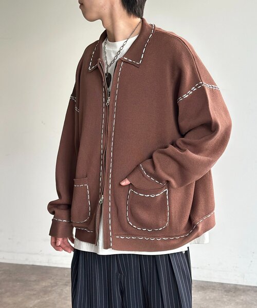 CPCM（シーピーシーエム）の「配色ステッチニットジップカーデ（カーディガン/ボレロ・メンズ・ネイビー/ブラウン/グリーン系/アイボリー・MEDIUM/LARGE）」の6枚目の写真