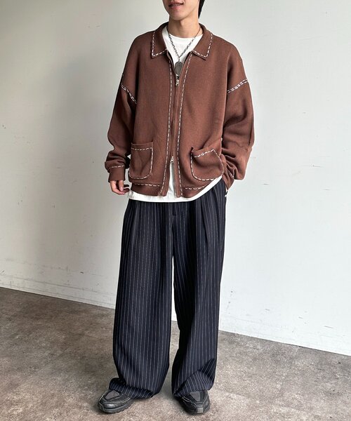 CPCM（シーピーシーエム）の「配色ステッチニットジップカーデ（カーディガン/ボレロ・メンズ・ネイビー/ブラウン/グリーン系/アイボリー・MEDIUM/LARGE）」の9枚目の写真