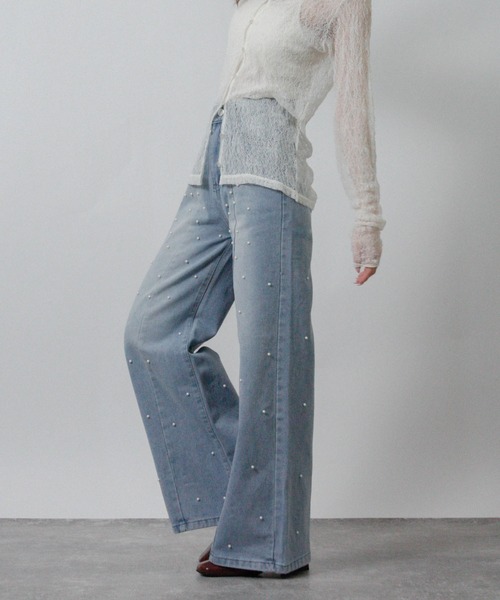 Social GIRL（ソーシャルガール）の「2026SS パールデザイン フレアデニムパンツ セミワイドデニムパンツ（デニムパンツ・レディース・ブルー・M）」の2枚目の写真