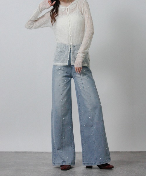 Social GIRL（ソーシャルガール）の「2026SS パールデザイン フレアデニムパンツ セミワイドデニムパンツ（デニムパンツ・レディース・ブルー・M）」の3枚目の写真