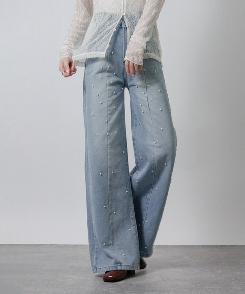 Social GIRL（ソーシャルガール）の「2026SS パールデザイン フレアデニムパンツ セミワイドデニムパンツ（デニムパンツ・レディース・ブルー・M）」の4枚目の写真