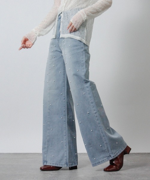 Social GIRL（ソーシャルガール）の「2026SS パールデザイン フレアデニムパンツ セミワイドデニムパンツ（デニムパンツ・レディース・ブルー・M）」の6枚目の写真