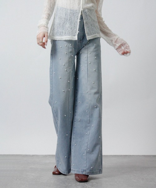 Social GIRL（ソーシャルガール）の「2026SS パールデザイン フレアデニムパンツ セミワイドデニムパンツ（デニムパンツ・レディース・ブルー・M）」の9枚目の写真
