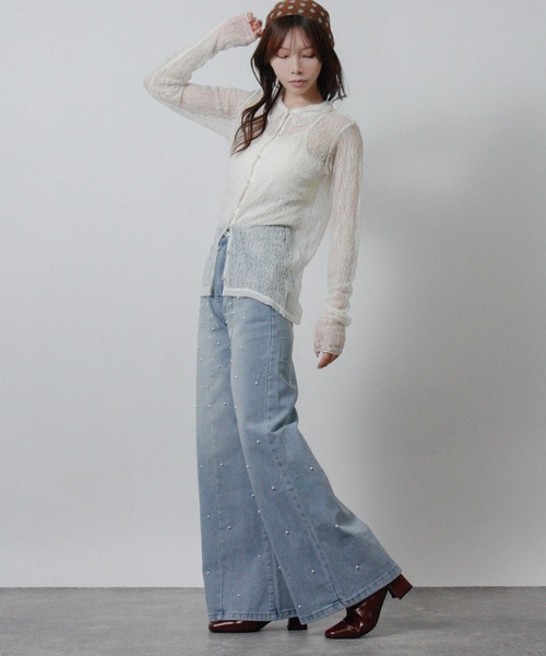 Social GIRL（ソーシャルガール）の「2026SS パールデザイン フレアデニムパンツ セミワイドデニムパンツ（デニムパンツ・レディース・ブルー・M）」の11枚目の写真