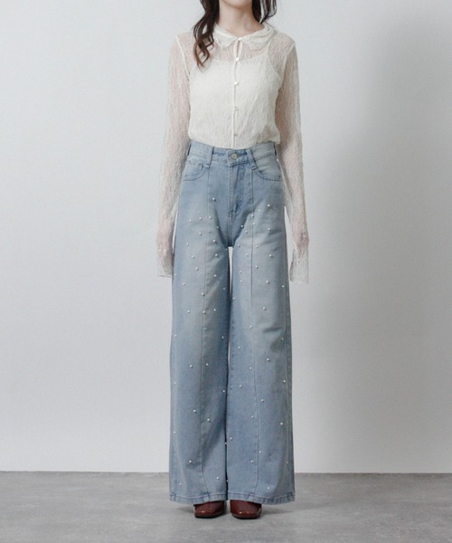 Social GIRL（ソーシャルガール）の「2026SS パールデザイン フレアデニムパンツ セミワイドデニムパンツ（デニムパンツ・レディース・ブルー・M）」の17枚目の写真