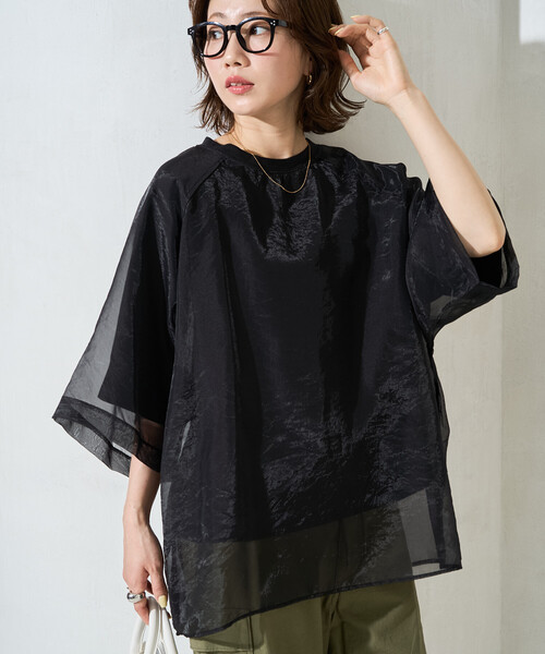 cen.オーガンジーカットソーブラック定価以下 限定展開 オーガンジー × カットソー 重ね ラグラン 半袖 Tシャツ（T
