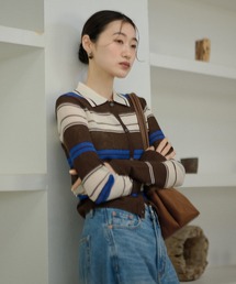 multi border collared short cardigan/マルチボーダー襟付きショートカーディガン