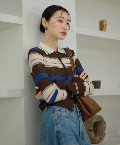 LAULEN(ローレン)の「multi border collared short cardigan/マルチボーダー襟付きショートカーディガン(カーディガン/ボレロ・レディース・ブラウン/ブラック・FREE)」の2枚目の写真