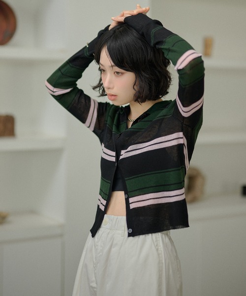 LAULEN(ローレン)の「multi border collared short cardigan/マルチボーダー襟付きショートカーディガン(カーディガン/ボレロ・レディース・ブラウン/ブラック・FREE)」の1枚目の写真