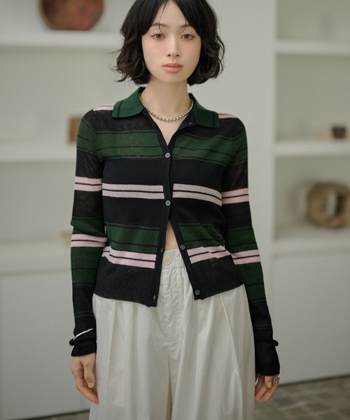 LAULEN(ローレン)の「multi border collared short cardigan/マルチボーダー襟付きショートカーディガン(カーディガン/ボレロ・レディース・ブラウン/ブラック・FREE)」の16枚目の写真