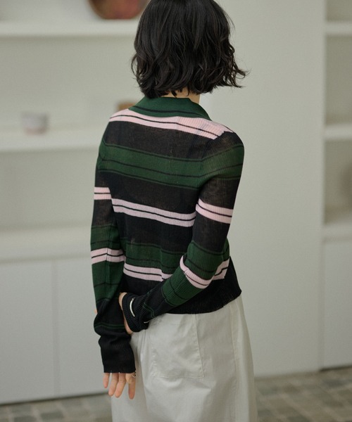 LAULEN(ローレン)の「multi border collared short cardigan/マルチボーダー襟付きショートカーディガン(カーディガン/ボレロ・レディース・ブラウン/ブラック・FREE)」の15枚目の写真