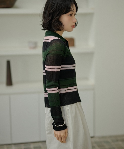 LAULEN(ローレン)の「multi border collared short cardigan/マルチボーダー襟付きショートカーディガン(カーディガン/ボレロ・レディース・ブラウン/ブラック・FREE)」の14枚目の写真