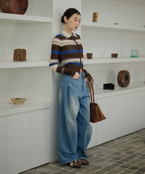LAULEN(ローレン)の「multi border collared short cardigan/マルチボーダー襟付きショートカーディガン(カーディガン/ボレロ・レディース・ブラウン/ブラック・FREE)」の4枚目の写真