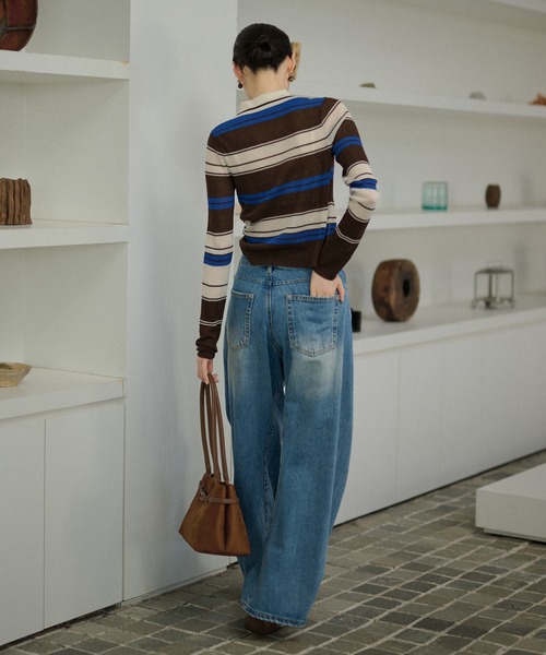 LAULEN(ローレン)の「multi border collared short cardigan/マルチボーダー襟付きショートカーディガン(カーディガン/ボレロ・レディース・ブラウン/ブラック・FREE)」の6枚目の写真