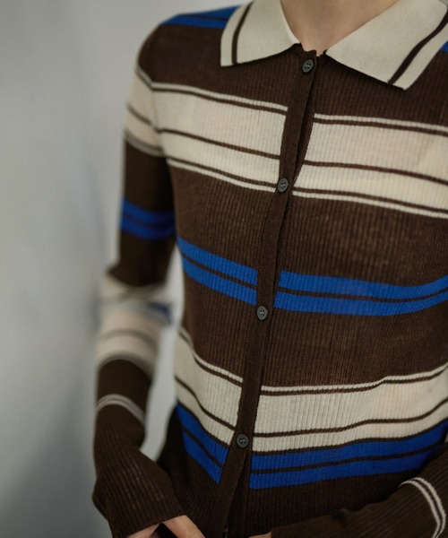 LAULEN(ローレン)の「multi border collared short cardigan/マルチボーダー襟付きショートカーディガン(カーディガン/ボレロ・レディース・ブラウン/ブラック・FREE)」の7枚目の写真