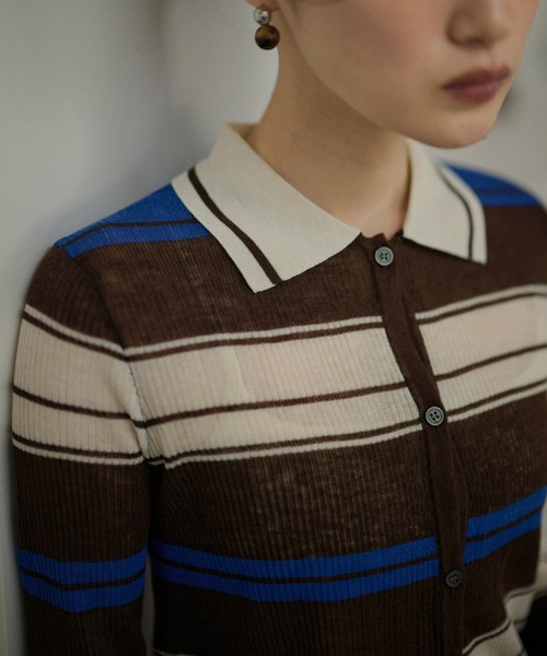 LAULEN(ローレン)の「multi border collared short cardigan/マルチボーダー襟付きショートカーディガン(カーディガン/ボレロ・レディース・ブラウン/ブラック・FREE)」の8枚目の写真