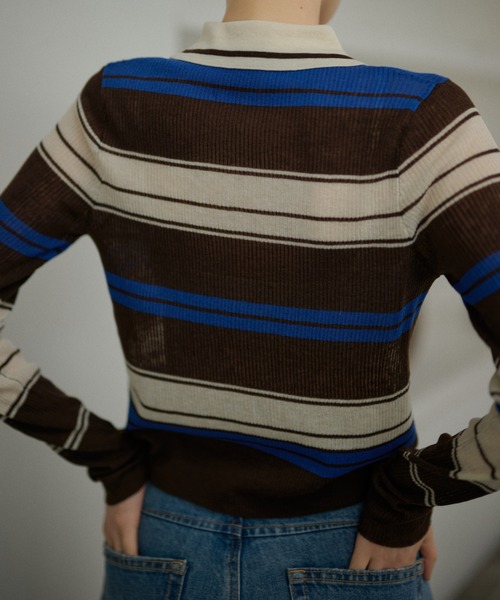 LAULEN(ローレン)の「multi border collared short cardigan/マルチボーダー襟付きショートカーディガン(カーディガン/ボレロ・レディース・ブラウン/ブラック・FREE)」の10枚目の写真