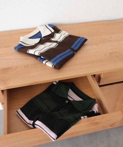 LAULEN(ローレン)の「multi border collared short cardigan/マルチボーダー襟付きショートカーディガン(カーディガン/ボレロ・レディース・ブラウン/ブラック・FREE)」の12枚目の写真