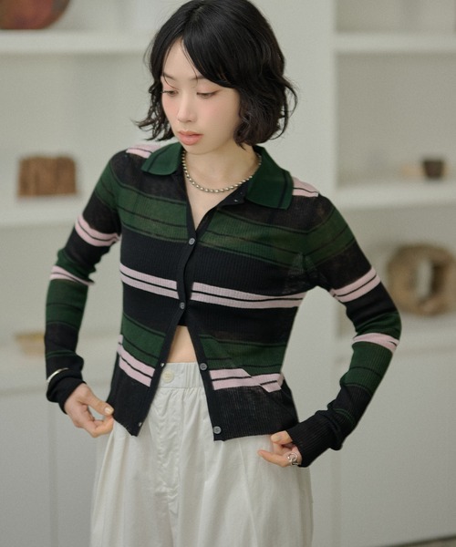LAULEN(ローレン)の「multi border collared short cardigan/マルチボーダー襟付きショートカーディガン(カーディガン/ボレロ・レディース・ブラウン/ブラック・FREE)」の13枚目の写真