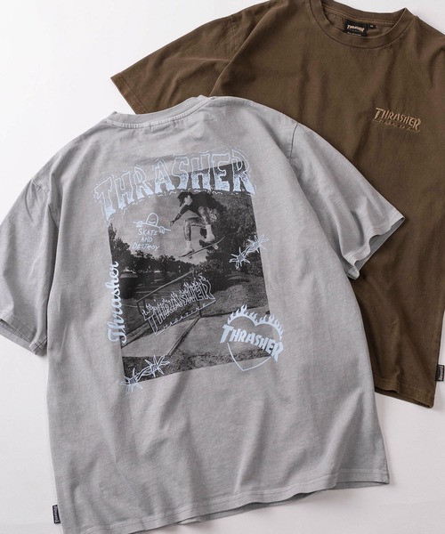 THRASHER(スラッシャー)の「【70】【THRASHER/スラッシャー】ピグメント加工 フォトプリント クルーネック Tシャツ/バックプリント/ワンポイント刺繍(Tシャツ/カットソー・メンズ・チャコールグレー/ピンク/グレー/ブラウン/サックスブルー・L/XL/M)」の1枚目の写真
