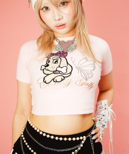 GALFY(ガルフィー)の「【GALFY】ピカピカギャルちゃんバタフライチビTEE / 【ガルフィー】ラインストーンクロップ丈半袖Tシャツ(Tシャツ/カットソー・レディース・オフホワイト/ライトピンク/ブラック・ONE SIZE)」の21枚目の写真