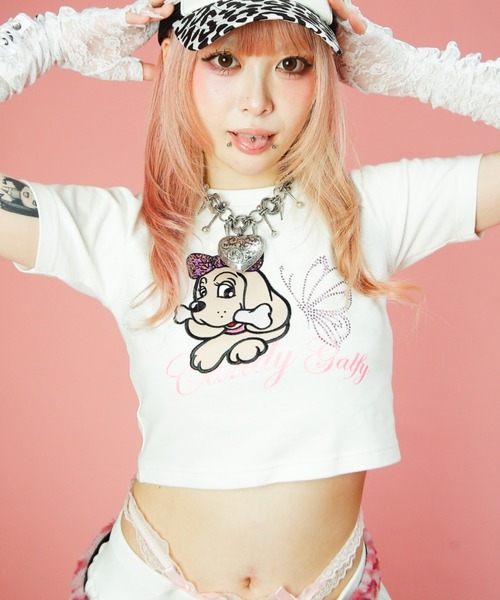 GALFY(ガルフィー)の「【GALFY】ピカピカギャルちゃんバタフライチビTEE / 【ガルフィー】ラインストーンクロップ丈半袖Tシャツ(Tシャツ/カットソー・レディース・オフホワイト/ライトピンク/ブラック・ONE SIZE)」の6枚目の写真