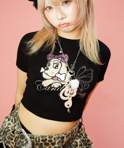 GALFY(ガルフィー)の「【GALFY】ピカピカギャルちゃんバタフライチビTEE / 【ガルフィー】ラインストーンクロップ丈半袖Tシャツ(Tシャツ/カットソー・レディース・オフホワイト/ライトピンク/ブラック・ONE SIZE)」の13枚目の写真