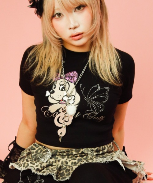 GALFY(ガルフィー)の「【GALFY】ピカピカギャルちゃんバタフライチビTEE / 【ガルフィー】ラインストーンクロップ丈半袖Tシャツ(Tシャツ/カットソー・レディース・オフホワイト/ライトピンク/ブラック・ONE SIZE)」の14枚目の写真