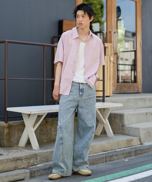 WEGO(ウィゴー)の「WEGO/【26年春夏新作】クロップドSSサッカーストライプシャツ(シャツ/ブラウス・メンズ・ブラック/サックスブルー/ピンク・MEDIUM/LARGE)」の6枚目の写真