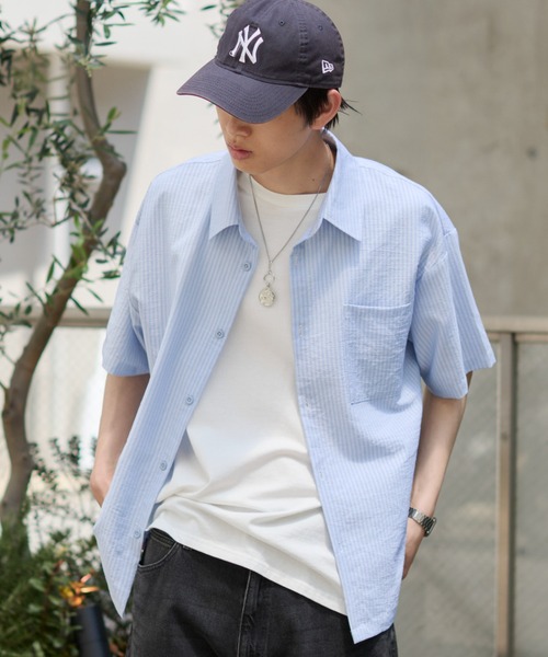 WEGO(ウィゴー)の「WEGO/【26年春夏新作】クロップドSSサッカーストライプシャツ(シャツ/ブラウス・メンズ・ブラック/サックスブルー/ピンク・MEDIUM/LARGE)」の17枚目の写真