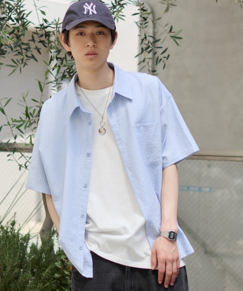 WEGO(ウィゴー)の「WEGO/【26年春夏新作】クロップドSSサッカーストライプシャツ(シャツ/ブラウス・メンズ・ブラック/サックスブルー/ピンク・MEDIUM/LARGE)」の20枚目の写真