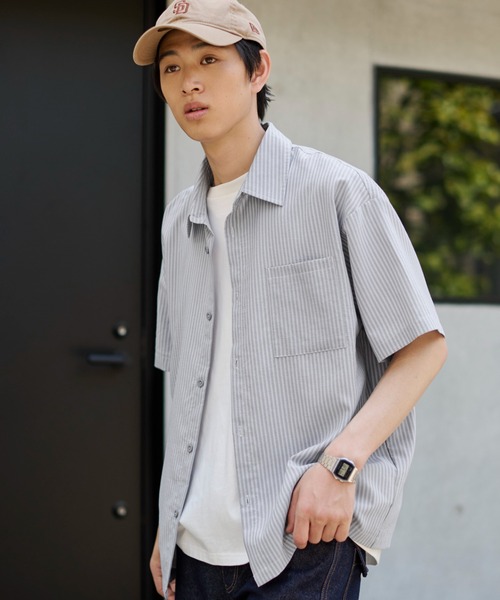 WEGO(ウィゴー)の「WEGO/【26年春夏新作】クロップドSSサッカーストライプシャツ(シャツ/ブラウス・メンズ・ブラック/サックスブルー/ピンク・MEDIUM/LARGE)」の12枚目の写真