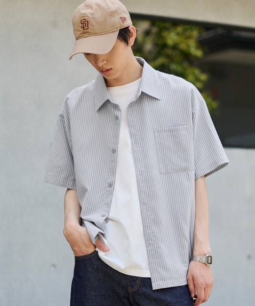 WEGO(ウィゴー)の「WEGO/【26年春夏新作】クロップドSSサッカーストライプシャツ(シャツ/ブラウス・メンズ・ブラック/サックスブルー/ピンク・MEDIUM/LARGE)」の15枚目の写真