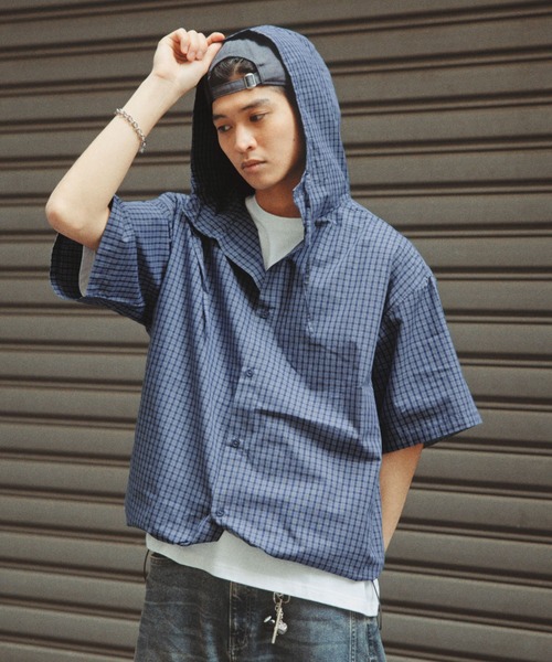 RAGEBLUE(レイジブルー)の「Draw Strings Hood Check Shirt/ドロスト付きフードチェックシャツ(シャツ/ブラウス・メンズ・ブラック/ベージュ/ブルー・FREE)」の3枚目の写真