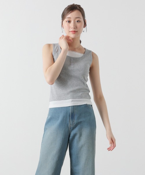 Honeys(ハニーズ)の「レイヤード風タンクトップ(タンクトップ・レディース・杢グレー/ブラック/ブラウン/レッド・L/M/S)」の7枚目の写真