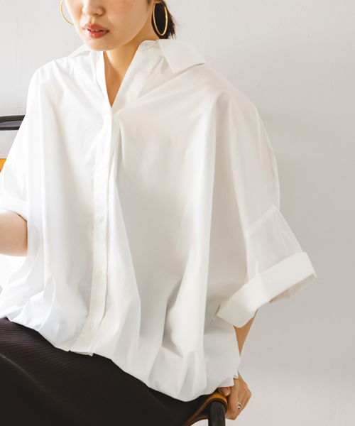 PROVOKE (プロヴォーク)の「PROVOKE/プロヴォーク short-sleeve balloon shirt(シャツ/ブラウス・レディース・ベージュ/ネイビー/ホワイト・FREE)」の6枚目の写真